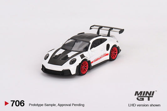 MINI GT Porsche 911 (992) GT3 RS Weissach Package White with Pyro Red LHD #706 1:64 - MGT00706