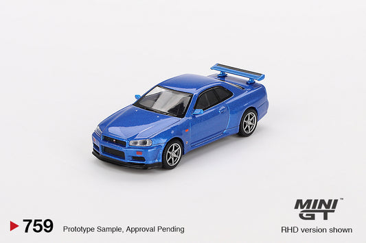 MINI GT Nissan Skyline GT-R (R34)  V-Spec Bayside Blue RHD #759 1:64 - MGT00759