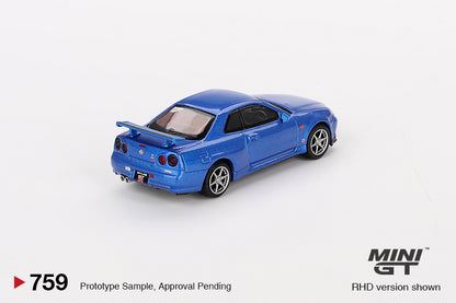 MINI GT Nissan Skyline GT-R (R34)  V-Spec Bayside Blue RHD #759 1:64 - MGT00759