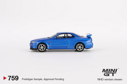 MINI GT Nissan Skyline GT-R (R34)  V-Spec Bayside Blue RHD #759 1:64 - MGT00759