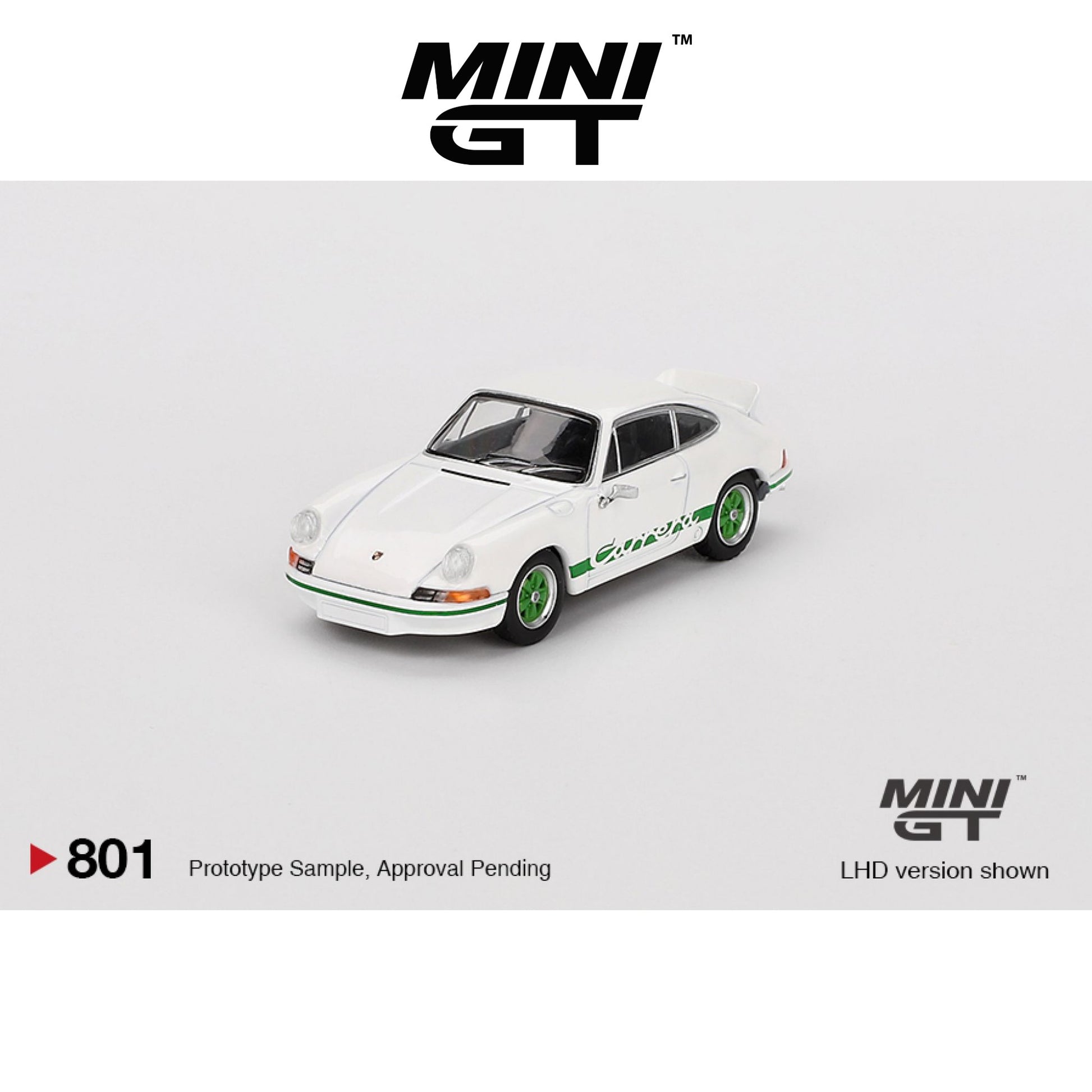 MINI GT Porsche 911 Carrera RS 2.7 Grand Prix White with Green Livery LHD/RHD #801 1:64 - MGT00801