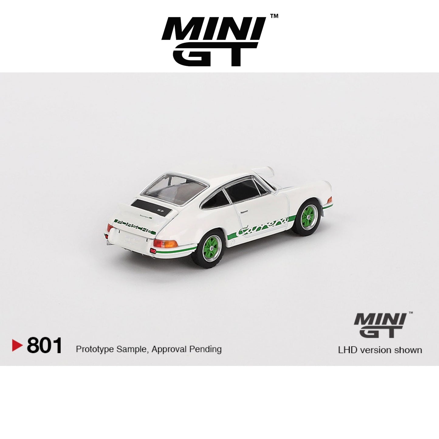 MINI GT Porsche 911 Carrera RS 2.7 Grand Prix White with Green Livery LHD/RHD #801 1:64 - MGT00801