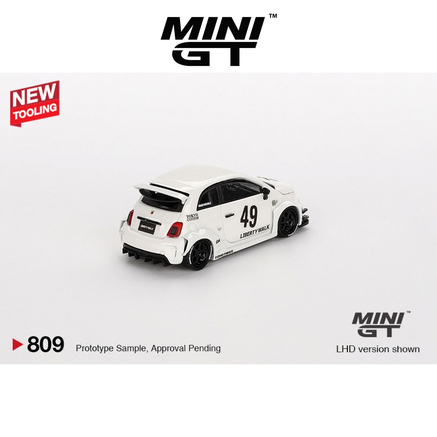 MINI GT LB-WORKS x Abas Works Fiat ABARTH 595 Gara White LHD #809 1:64 - MGT00809