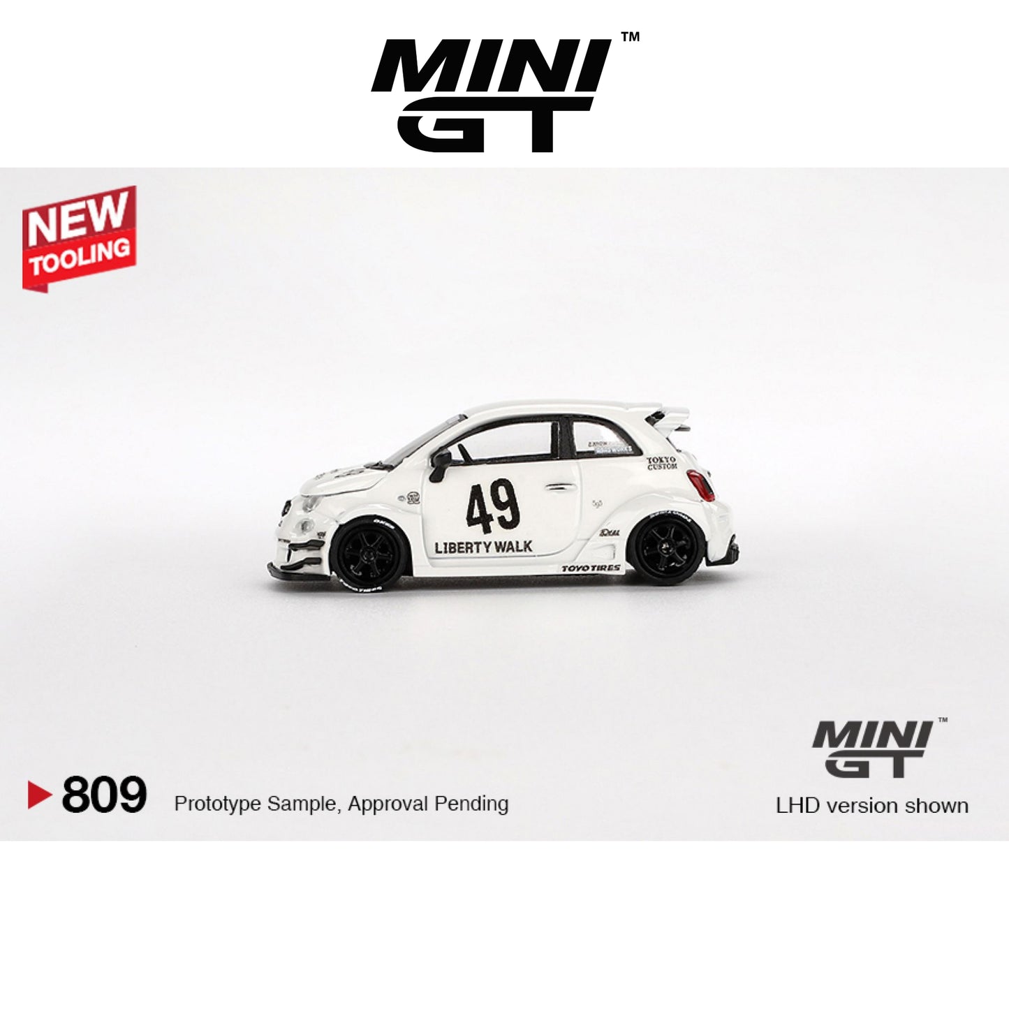 MINI GT LB-WORKS x Abas Works Fiat ABARTH 595 Gara White LHD #809 1:64 - MGT00809