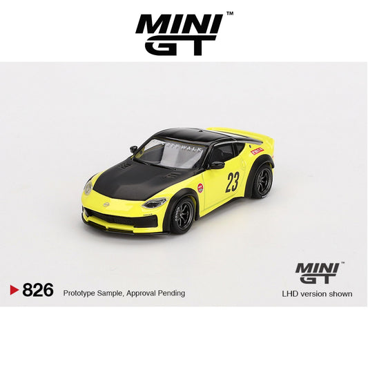 MINI GT Nissan Z LB★NATION WORKS Ikazuchi Yellow LHD/RHD #826 1:64 - MGT00826