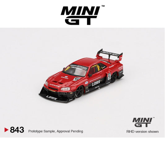 MINI GT Nissan LB-ER34 Super Silhouette Skyline Red/Black #843 RHD 1:64 - MGT00843-R