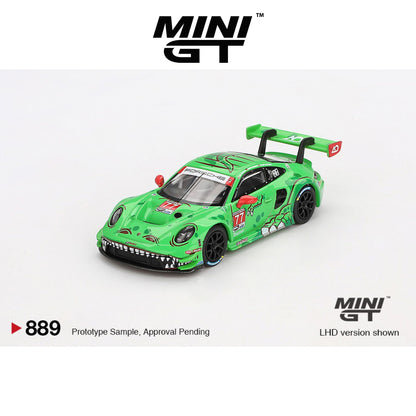 MINI GT Porsche 911 GT3 R #77 AO Racing "Rexy" 2024 IMSA Daytona 24 Hrs GTD Pro 2nd Place LHD/RHD #887 1:64 - MGT00889