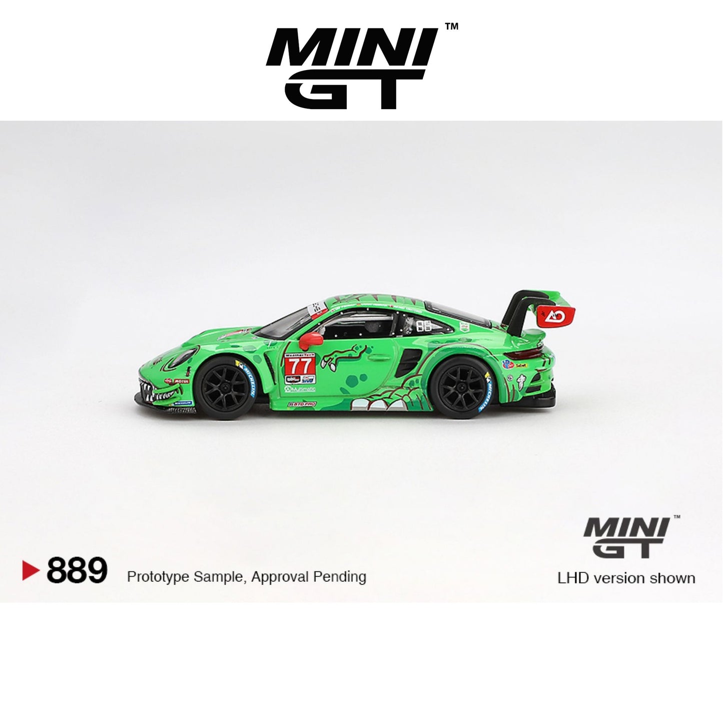 MINI GT Porsche 911 GT3 R #77 AO Racing "Rexy" 2024 IMSA Daytona 24 Hrs GTD Pro 2nd Place LHD/RHD #889 1:64 - MGT00889