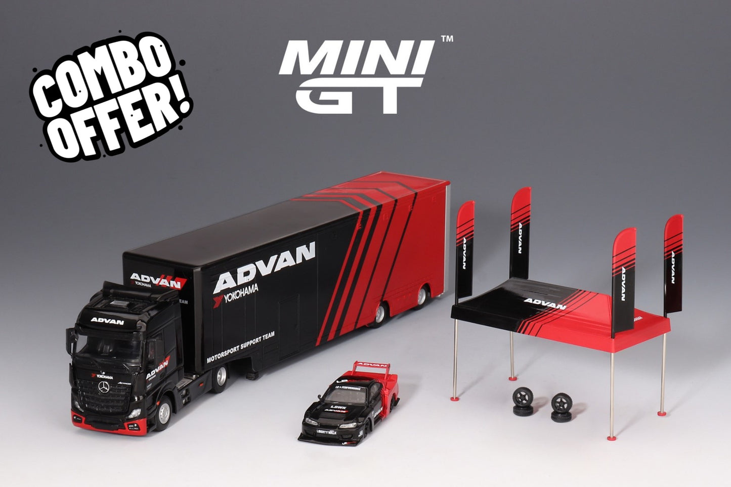 MINI GT Advan Nissan Silvia, Transporter & Tent Combo Offer 1:64 - MGTADVANCXCOMBO