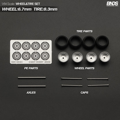 BNDS Die-Cast Wheels and Tyre Set - SSR MK-I Silver Alloy Classic 15-inch/8.3mm 1/64 - BC64056