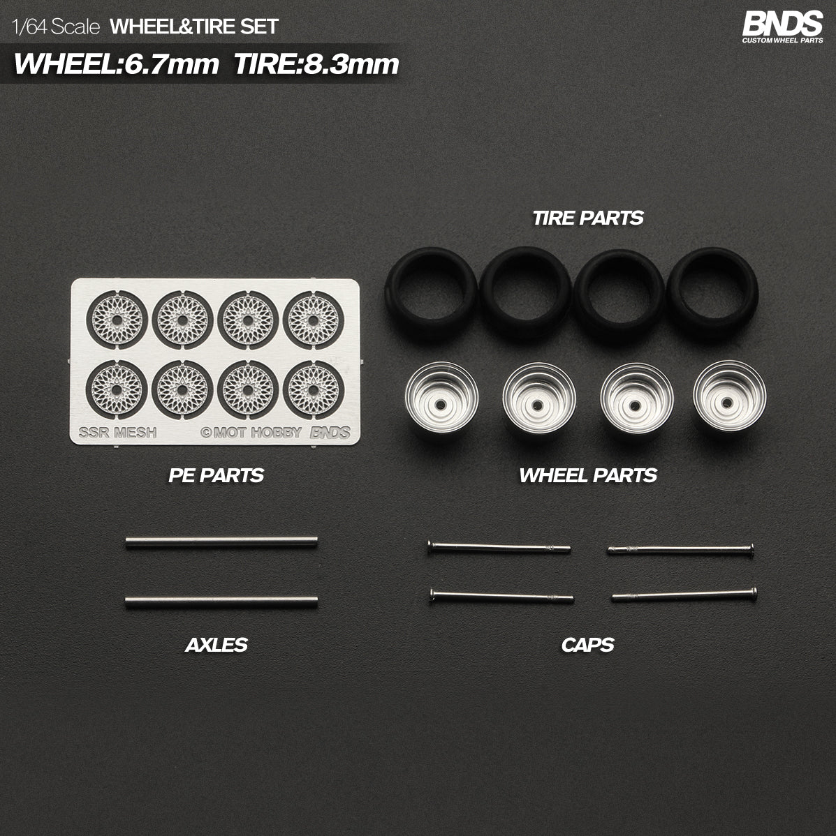 BNDS Die-Cast Wheels and Tyre Set - SSR MK-III Silver Alloy Classic 15-inch/8.3mm 1/64 - BC64060