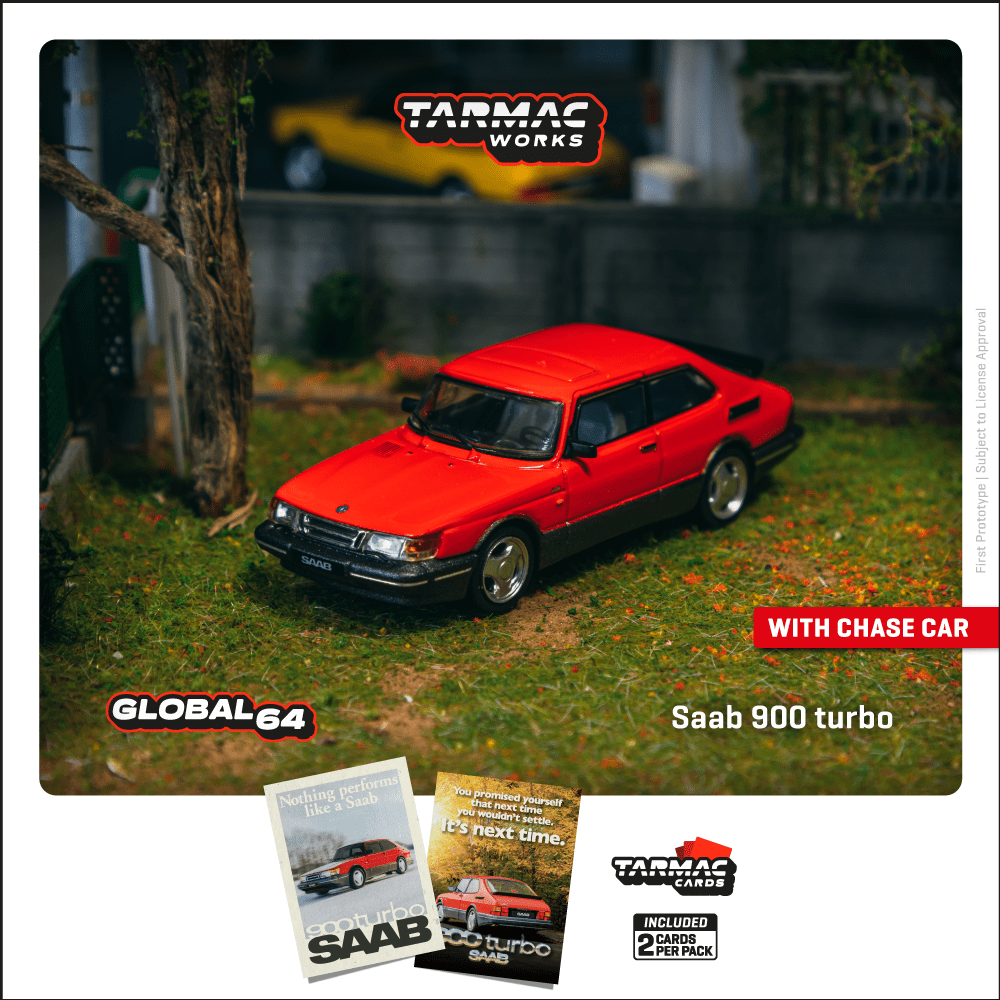 TARMAC WORKS Saab 900 Turbo Red Model Car + Trading Cards Combo Set 1:64 - T64G-056-RE