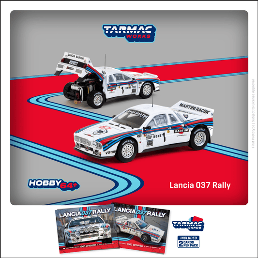 TARMAC WORKS Lancia 037 Rally Rally Monte Carlo 1983 Winner W. Rohrl / C. Geistdorfer Model Car + Trading Cards Combo Set 1:64 - T64P-TL002-83RMC01