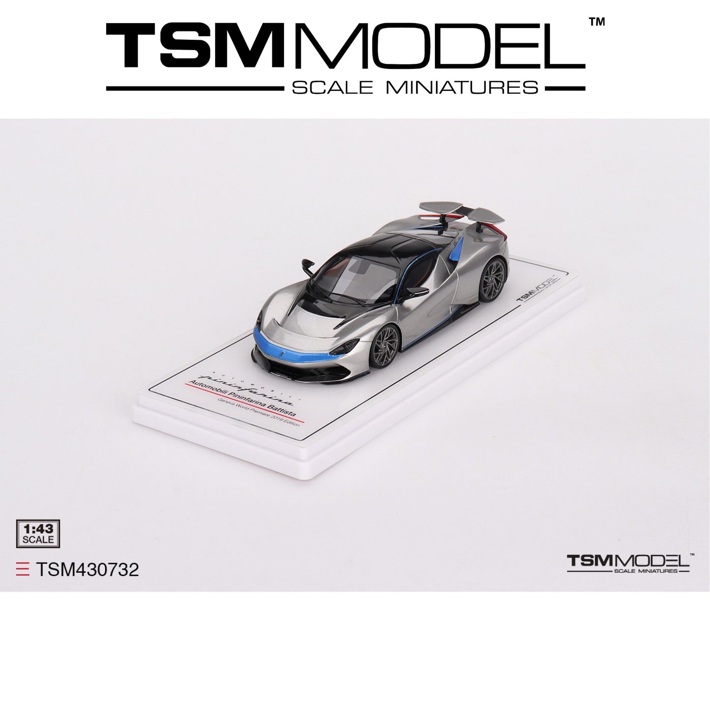 TSM MODEL Automobili Pininfarina Battista Geneva World Premiere 2019 Edition Grigio Luserna Matt and Iconica Blu Matt Front Nose 1:43 - TSM430732